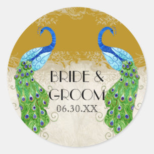 Art Deco Stil Peacock Guld Favor Gift Märkre Seal Runt Klistermärke