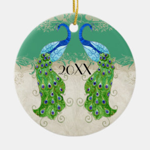 Art Deco Stil Peacock Jade Grönt Vintage Snöre Julgransprydnad Keramik