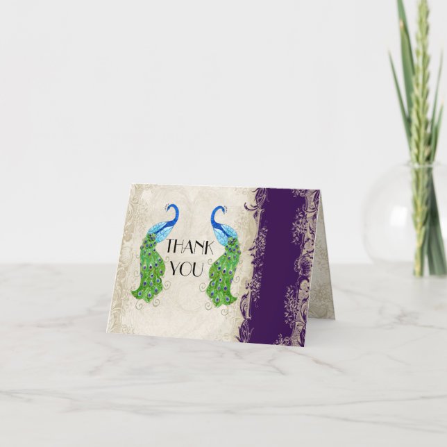 Art Deco Stil Peacock Mörk Lila Tackkort  (Framsida)