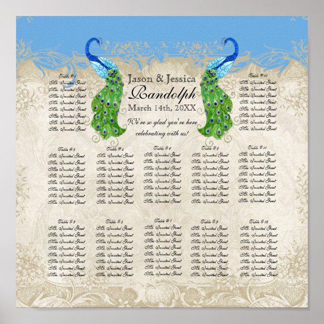 Art Deco Stil Peacock Reception Sittdiagram för pe Poster (Framsidan)