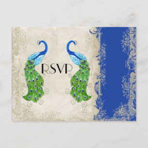 Art Deco Stil Peacock Royal Blue Vintage Snöre Inbjudan Vykort