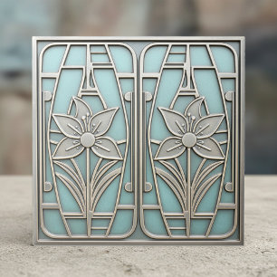 Art Deco Stiliskt Lilja Blommotiv #10 Teal ID1196 Kakelplatta