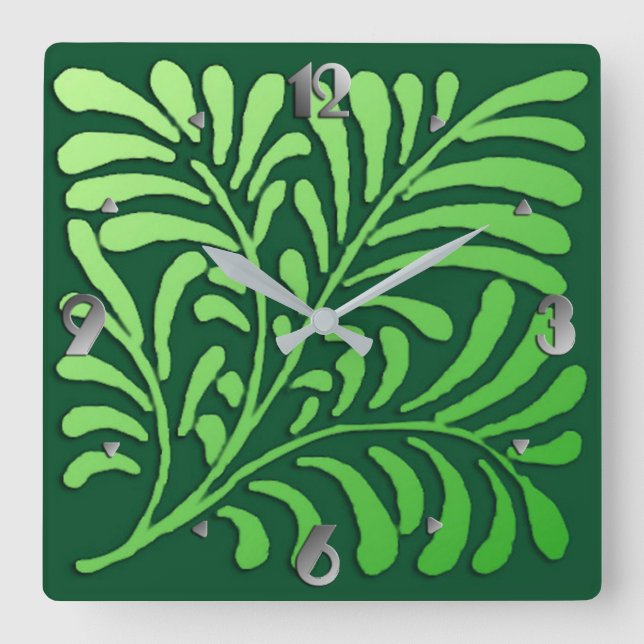 Art Deco Stilized Fern, Gröntens skuggor Fyrkantig Klocka (Framsida)