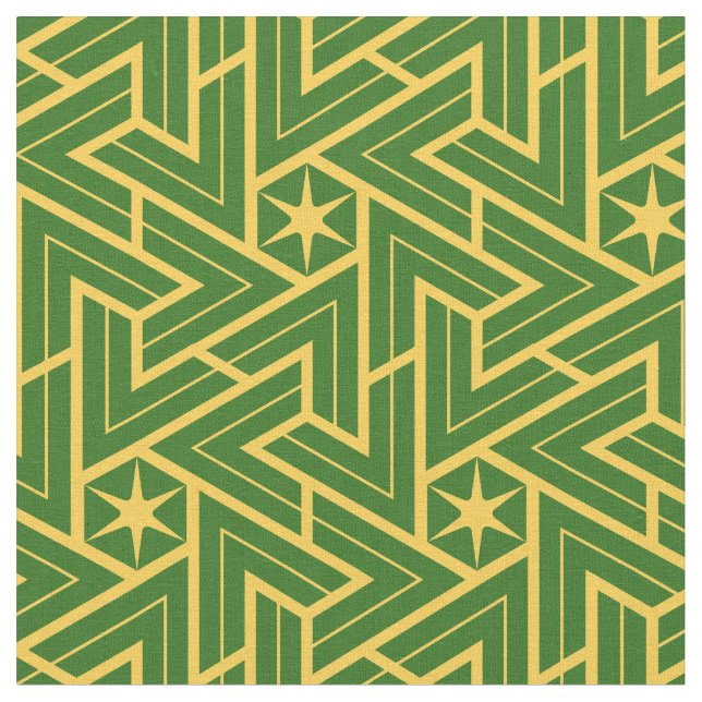 Art Deco Stjärna Triangel Mönster - Grönt och Guld Tyg (Närbild)