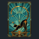 Art Deco Sträckande Svart Katt Väggkonst<br><div class="desc">En elegant svart katt silhuett sträcker sig graciöst med en gyllene böjd svans som bildar en perfekt båge,  inramad av tealfläktsstrålar och arkitektoniska accenter. Denna raffinerade 1920-tals art deco-komposition fångar poised sofistikering,  vilket gör den idealisk för yogastudio,  vardagsrum och moderna utrymmen där kattälskare söker stilfull,  tidlös dekoration.</div>