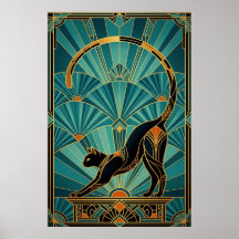 Art Deco Sträckande Svart Katt Väggkonst