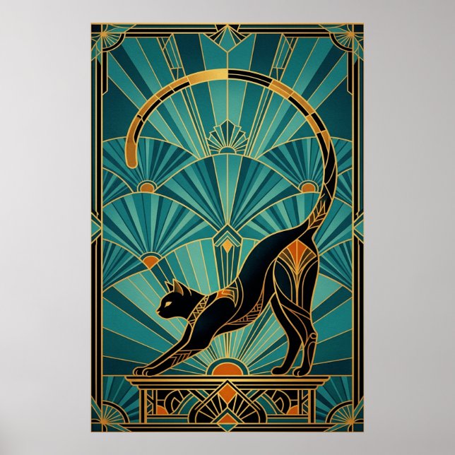 Art Deco Stretching Black Cat Wall Art Poster (Framsidan)