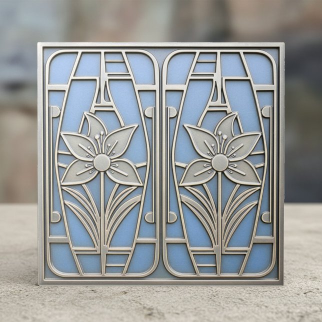 Art Deco Stylized Lily Floral #10 Blue ID1196 Kakelplatta (Skapare uppladdad)