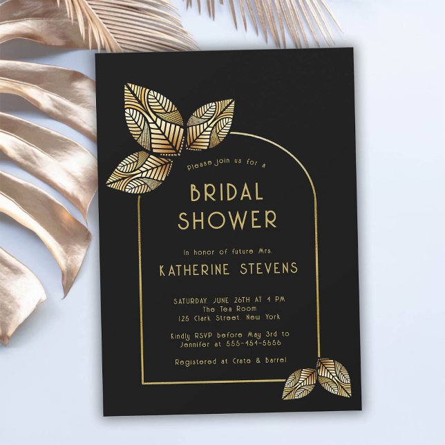 Art Deco Stylized Löv Boho Ram Möhippa Inbjudningar (art deco bridal shower invitation botanical gold leaf boho arch black stylized gatsby roaring 20s )