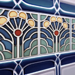 Art Deco Stylized Sunburst Tree Tile Kakelplatta<br><div class="desc">Channel the bold sophistication of the Art Deco era with this striking ceramic tile. The design features a perfectly symmetrical, stylized tree motif with a sunburst or fan-like spread. Deep navy blue and dusty sage green provide a cool, elegant base, beautifully contrasted by warm, amber-yellow blossoms and a central, eye-catching...</div>