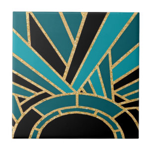 Art Deco Sunburst (blå) keramik Kakelplatta