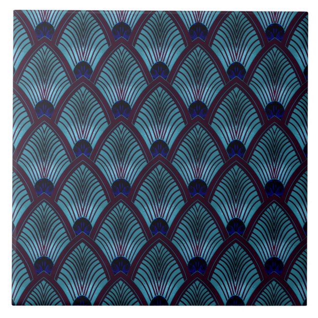 Art Deco Sunburst Fläkt i Metallic Blue Kakelplatta (Framsidan)