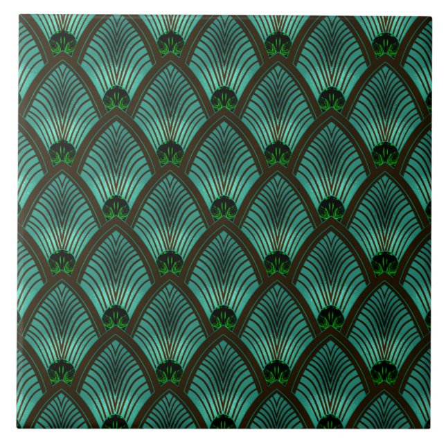 Art Deco Sunburst Fläkt i metallisk Grönt Kakelplatta (Framsidan)