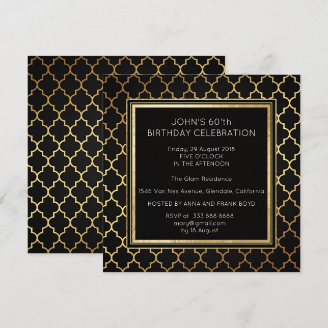 Art Deco Suprise Födelsedagsfest Black Golden Foil Inbjudningar (Fram/baksida)