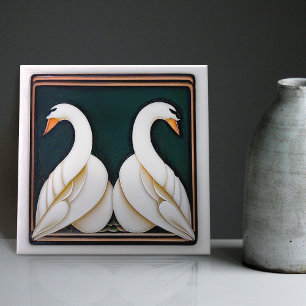 Art Deco Svan Blommigt Wall Decor Art nouveau Kakelplatta
