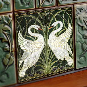 Art Deco Svanar Wall Decor Art nouveau Grönt Kakelplatta
