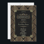 Art Deco Svart Gatsby 1920-tals Svärmning Inbjudningar<br><div class="desc">Glamourös Art Deco Great Gatsby-stil design. Den har Art Deco-stil,  falskt guld folieform och ornament,  på en svart bakgrund. Använd Anpassa verktyg för att lägga till din information. För matchande föremål,  besök min Art Deco Svart/Vit Gatsby 1920-tals Stilsamling.</div>