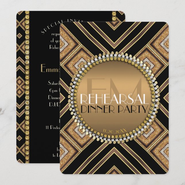 Art Deco Svart Guld Bröllopsrepetition Middag Fest Inbjudningar (Fram/baksida)