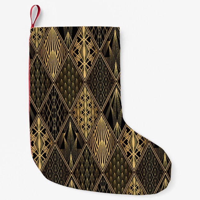 Art Deco Svart Guld Elegans Liten Julstrumpa (Framsidan)