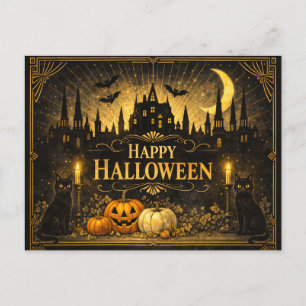 Art Deco Svart Guld Halloween Helg Vykort
