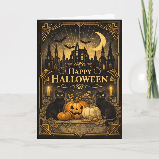 Art Deco Svart Guld Halloween Kort (Framsida)