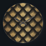 Art Deco, svart guld mönster. Stor Klocka<br><div class="desc">Art Deco Mönster. Sömlös svart bakgrund och guld bakgrund. Skalor eller snäckor korsar snöre-ornament. Minimalistisk geometrisk design. Vintage linjer. 1920-30-talets motiv. Lyxillustration av vintagen Embrace Art Deco allure med svart och guld elegans. Gå in på 20-talet med konst deco mönster i svart och guld. Luxet och historien möts. 1920-talet, deco,...</div>