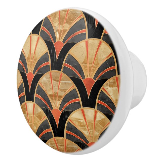 Art Deco Svart Guld Röd Fläkt Mönster Design Knopp (Höger)