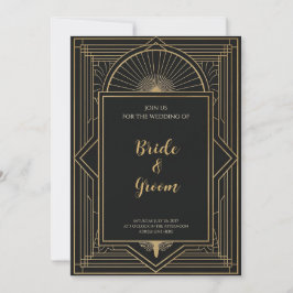 Art Deco Svart Guld Solstrålning Geometrisk Elegan Inbjudningar