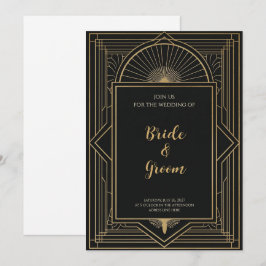 Art Deco Svart Guld Solstrålning Geometrisk Elegan Inbjudningar