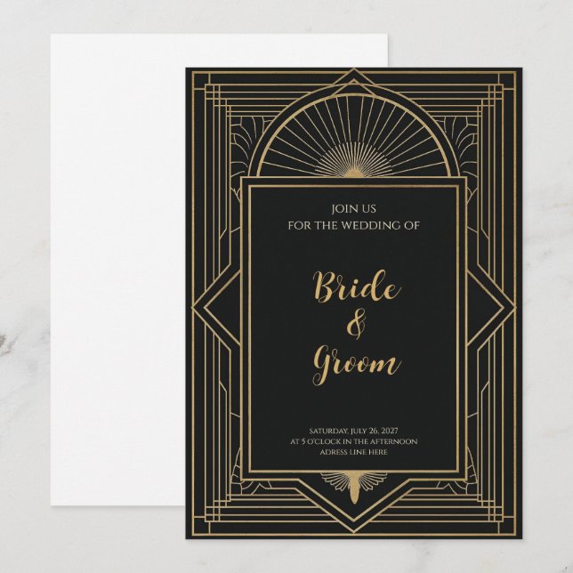Art Deco Svart Guld Solstrålning Geometrisk Elegan Inbjudningar (Fram/baksida)