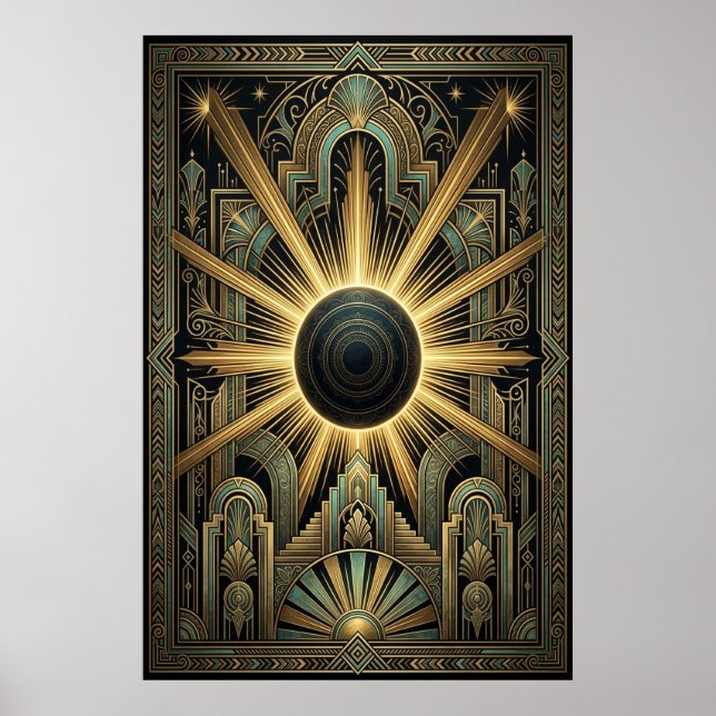Art Deco Svart Hål Celestial Affisch | Guld Teal (Framsidan)