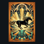 Art Deco Svart Häst Kaktus Palats Guld Teal Poste Poster<br><div class="desc">Träd in i en värld av överdådig västernfantasi. Detta mästerverk visar en svart hingst som hoppar genom en storslagen, guldvalvformad palatsbyggnad. Förgrunden förankras av lysande teal-kaktusar och kristallina geometriska formationer, medan bakgrunden strålar med en skalliknande gyllene solstrålning. En rik orange och guld kant fullbordar detta maximalistiska konstverk, vilket gör det...</div>
