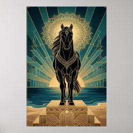 Art Deco Svart Häst Mandala Solnedgång Teal Guld P Poster