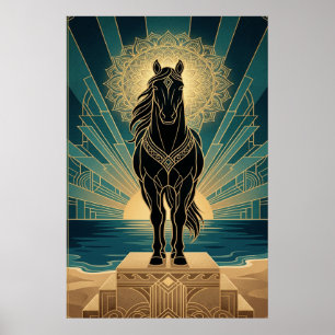 Art Deco Svart Häst Mandala Solnedgång Teal Guld P Poster