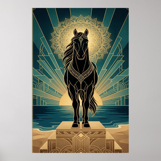Art Deco Svart Häst Mandala Solnedgång Teal Guld P Poster (Framsidan)