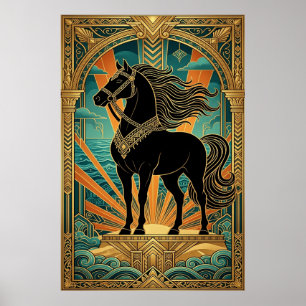 Art Deco Svart Häststaty Solstrålning Teal Guld Poster