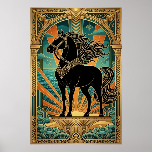Art Deco Svart Häststaty Solstrålning Teal Guld Poster (Framsidan)