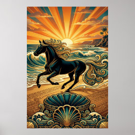 Art Deco Svart Hingst Strandvågor Solnedgång Affis Poster