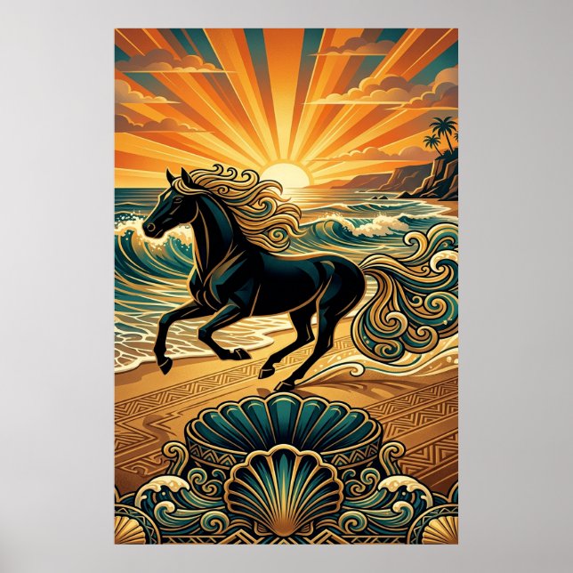 Art Deco Svart Hingst Strandvågor Solnedgång Affis Poster (Framsidan)