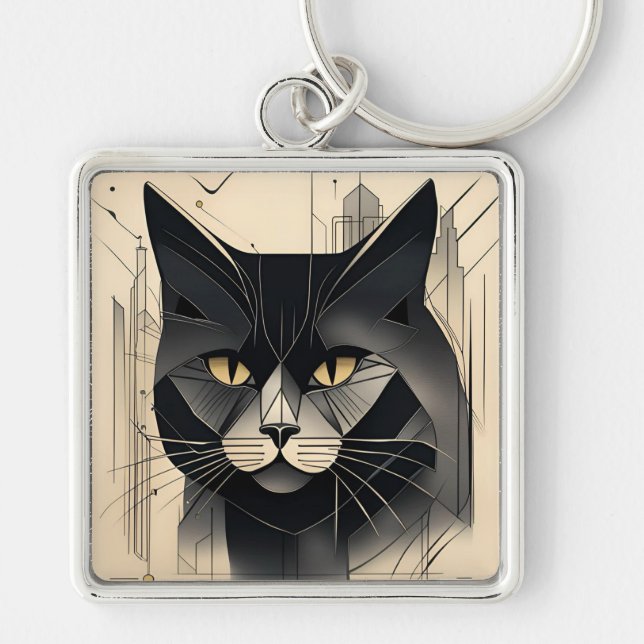 Art Deco Svart Katt Nyckelring (Framsidan)