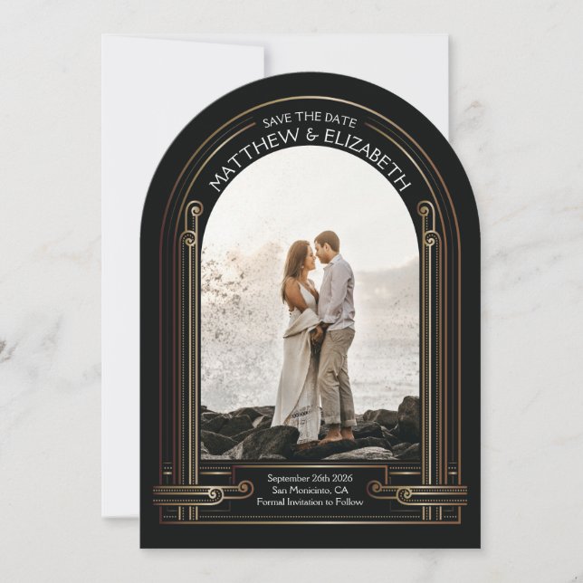 Art Deco Svart och Brons Bågformad Save the Date Inbjudningar (Framsida)