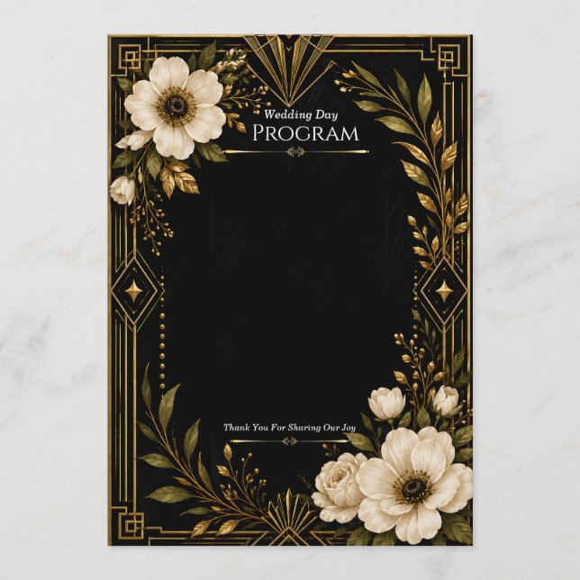 Art Deco Svart och Guld Bröllopsprogrammall Program (Framsida)