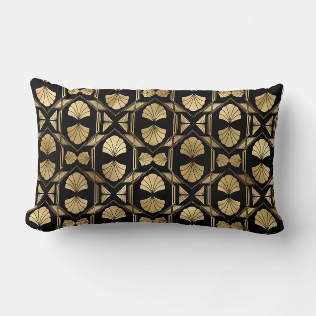 Art Deco Svart och Guld Fläkt Lumbal Kudd Lumbarkudde (Framsida)