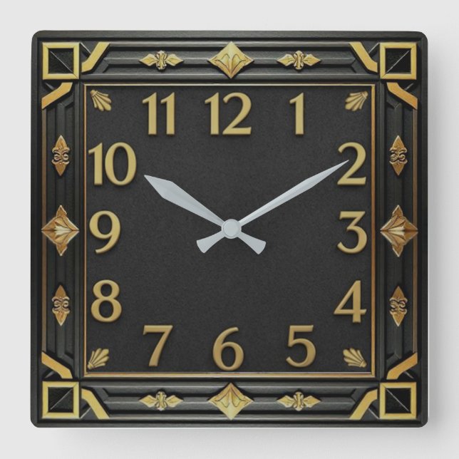 Art Deco svart och guld Fyrkantig Klocka (Framsida)