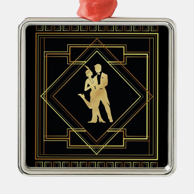 Art Deco svart och guld geometrisk Julgransprydnad Metall (Framsidan)