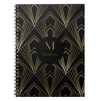 Art Deco Svart och Guld Geometriskt Mönster Anteckningsbok