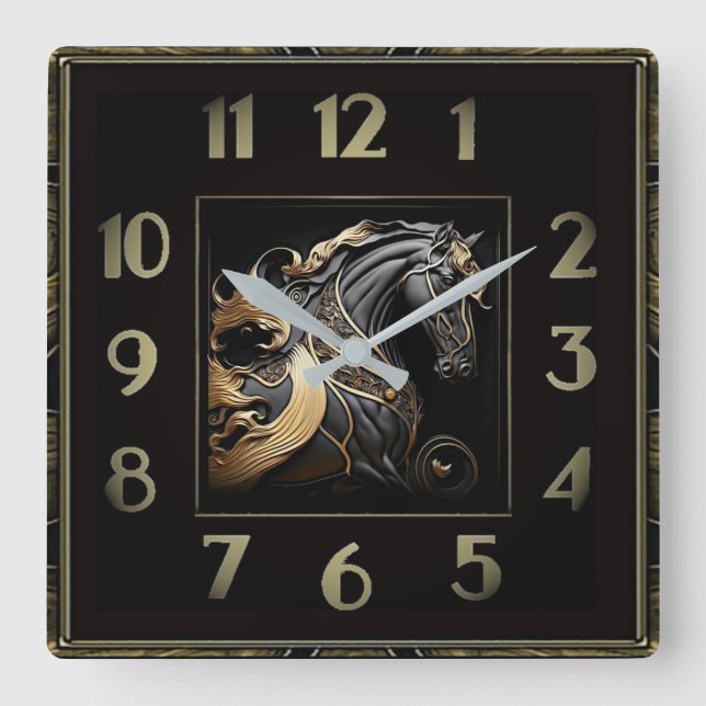 Art Deco Svart och Guld Häst Fyrkantig Klocka (Framsida)