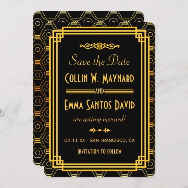 Art Deco Svart och Guld Save The Date Inbjudningar (Fram/baksida)