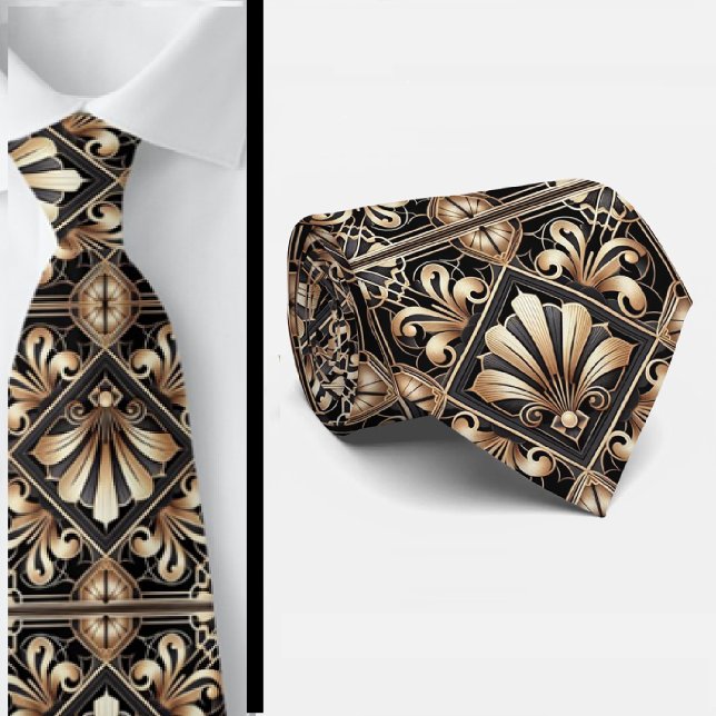 Art Deco Svart och Guld Snäckmönstrad slips (Skapare uppladdad)