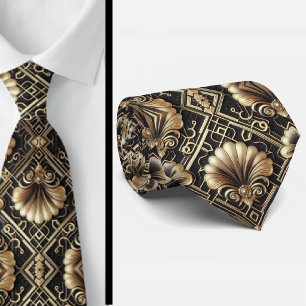 Art Deco Svart och Guld Snäckmönstrat Herrhalsduk Slips